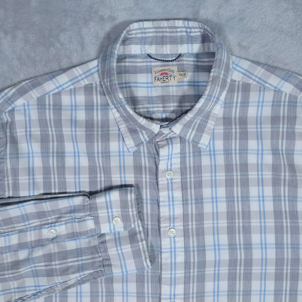 Faherty Movement Shirt Mens XXL Gray Blue Plaid Button Down Stretch MWC0081